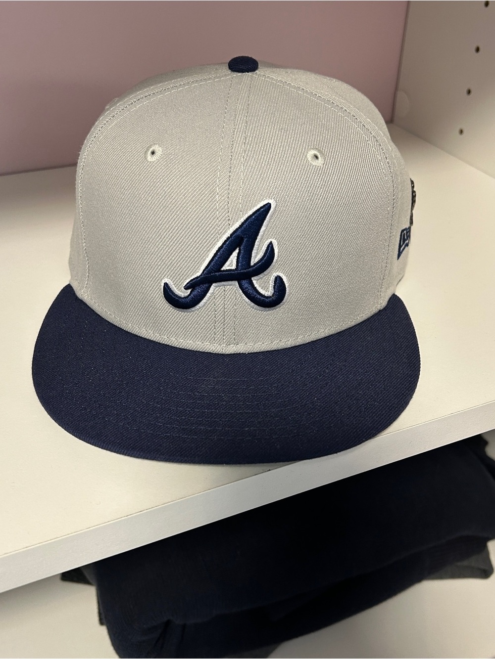 Atlanta Braves, new era 7 3/8  - Gray and Navy KAWS pin included